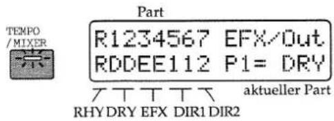 TEMPO /MIXER Part R1234567 EFX/Out RDDEE112 P1= DRY ZTTTTT aktueller Part RHYDRY EFX DIR1 DIR2
