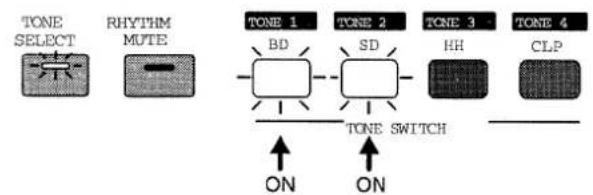 TONE SELECT RHYTHM MUTE TONE 1 BD TONE 2 SD TONE 3 HH TONE 4 CLP TONE SWITCH ON ON
