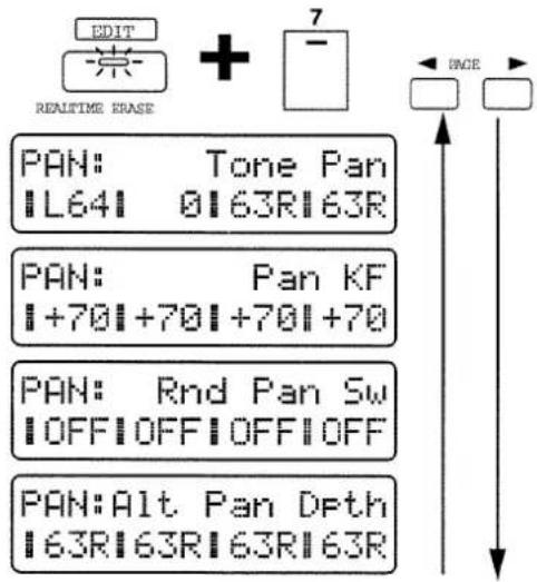 EDIT 索 + 7 - REALTIME ERASE PAN: Tone Pan L64 0163R163R PAN: Pan KF +701+701+701+70 PAN: Rnd Pan Sw OFFOFFOFFOFF PAN: Alt Pan Depth 63R163R163R163R INCE
