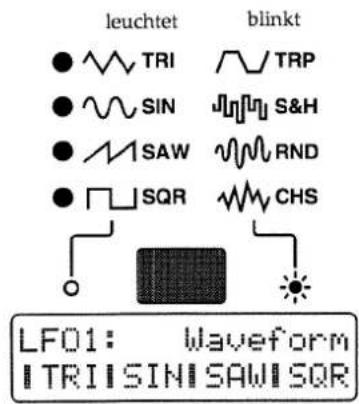 leuchtet blinkt ● TRI ● SIN ● SAW ● SQR LFO1: Waveform ■ TRI ■ SIN ■ SAW ■ SQR