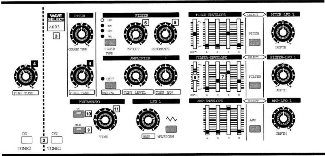 WAVE SELECT A003 3 PITCH COURSE TUNE FILTER 5 8 FILTER TYPE FILTER TYPE AMPLIFIER OFF RND PAN TONE LEVEL TONE PAN PITCH-ENVELOPE SELECT PITCH-LFO 1 0 DEPTH FINE TUNE 4 FINE TUNE 6 FILTER-LFO 1 0 DEPTH PORTAMENTO ON 10 TIME LFO 1 AMP-ENVELOPE SELECT AMP-LFO 1 0 DEPTH ON 2 ON TONE2 TONE1