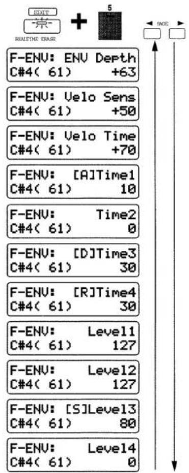 F-ENV: ENV Depth C#4( 61) +63 F-ENV: Velo Sens C#4( 61) +50 F-ENV: Velo Time C#4( 61) +70 F-ENV: [A]Time1 C#4( 61) 10 F-ENV: Time2 C#4( 61) 0 F-ENV: [D]Time3 C#4( 61) 30 F-ENV: [R]Time4 C#4( 61) 30 F-ENV: Level1 C#4( 61) 127 F-ENV: Level2 C#4( 61) 127 F-ENV: [S]Level3 C#4( 61) 80 F-ENV: Level4 C#4( 61) 0