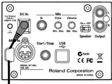 Use Roland 154-9U adaptor only DC In Mic Echo Volume Min Max Min Max On+ + Off Speaker Output L R M In Start/Stop USB N22S CE FE MODEL MT-90U SER. NO. Roland Corporation MADE IN CHINA