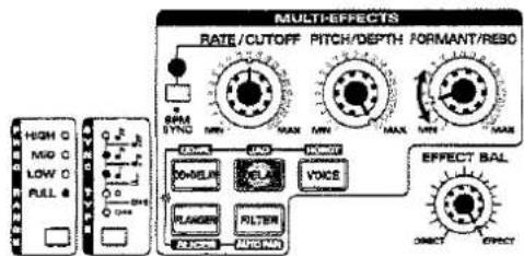 MULTI-EFFECTS RATE/CUTOFF PITCH/DEPTH FORMANT/REBO High C Mid C Low C Pull C SPM SYNG MAX MAX MAX MAX MAX EFFECT BAL OFF DOGELN ELA VOICE PLANGER FILTER AUXON DIRECT EFFECT