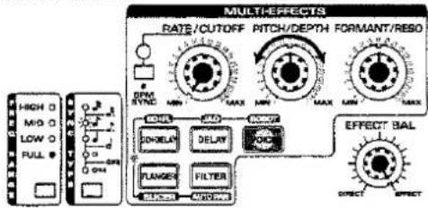 MULTIHEFFECTS RATE/CUTOFF PITCH/DEPTH FORMANT/RESO HIGH O MID O LOW O FULL DIN SYNC MAX MAX MAX MAX EFFECT BAL SINGLE DELAY DOG FLAMER FILTER OUT OUT OUT OUT OUT OUT