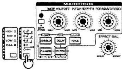 MULTI-EFFECTS RATE/CUTOFF PITCH/DEPTH FORMANT/RESO EPM SYNC MIN MAX MIN MAX MIN MAX OFF DINJAL DELAY VOICE FLANGER FILTER ELECTRUM EFFECT BAL EFFECT