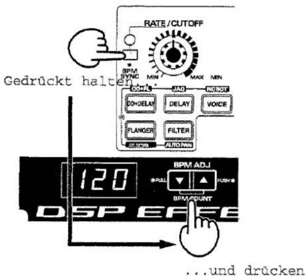 RATE/CUTOFF BPM SYNC MIN MAX MEN Gedrückt halten 120 DSP EFFE BPM ADJ BPM DUNT ...und drücken