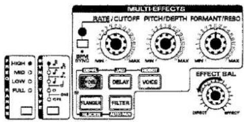 MULTI EFFECTS RATE/CUTOFF PITCH/DEPTH FORMANT/RESO BPM SYN MIN MAX MIN MAX MIN MAX HIGH MID LOW PULL OFF DELAY VOICE FLANGE FILTER AUTO/RONER EFFECT BAL DIRECT EFFECT