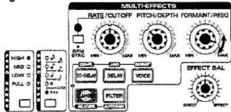 MULTI-EFFECTS BATS/CUTOFF PITCH/DEPTH FORMANT/RESO RPM SYNC MIN MAX MIN MAX MIN DO-DELAY DELAY VOCE FILTER EFFECT BAL DIRECT EFFECT