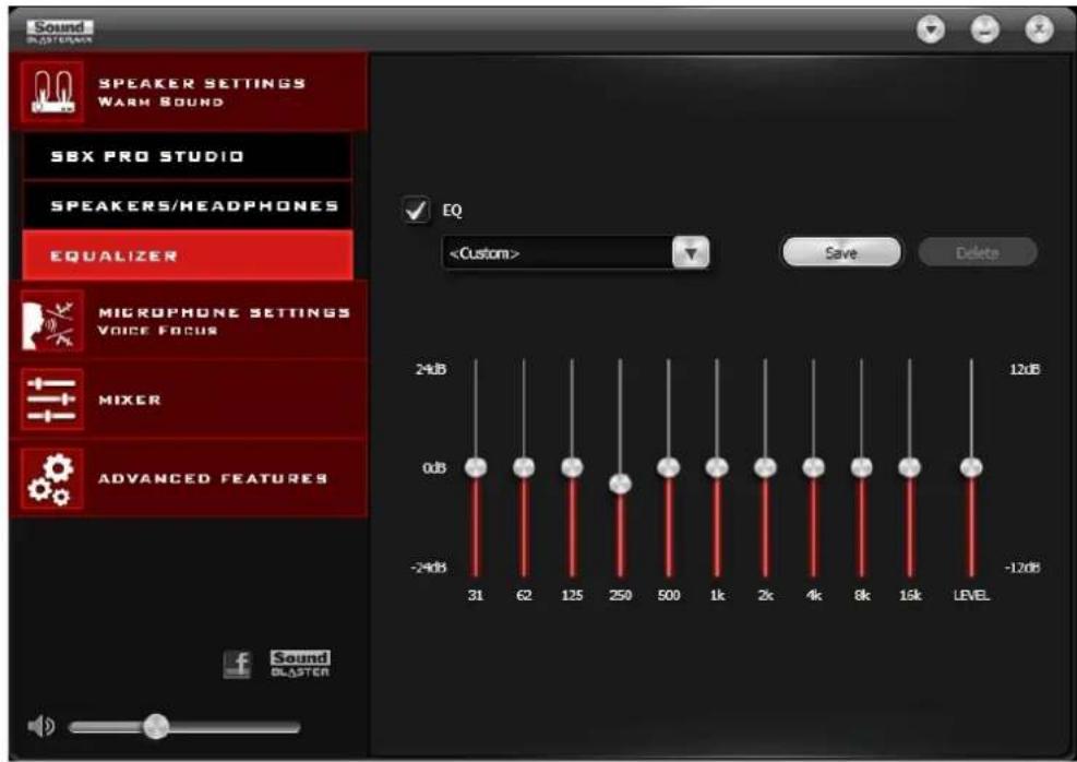Sound BLASTERN SPEAKER SETTINGS WARM SOUND SBX PRO STUDIO SPEAKERS/HEADPHONES EQUALIZER MICROPHONE SETTINGS VOICE FOCUS MIXER ADVANCED FEATURES EQ Save Delete 24dB 0dB -24dB 31 62 125 250 500 1k 2x 4k 8k 16k LEVEL 12dB -12dB