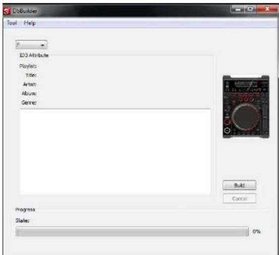 DoBuilder Tool Help ID3 Attribute Playlist: Titles: Artists: Album: Genre: Build Cancel Progress States: 0%