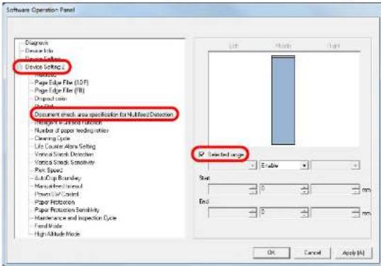 FUJITSU SIEMENS Fi-7260 - From the listing on the left, select [Device Setting 2] → [Document check area specification for Multifeed Detection]. Select the [Selected range] check box in the dialog box. - 1