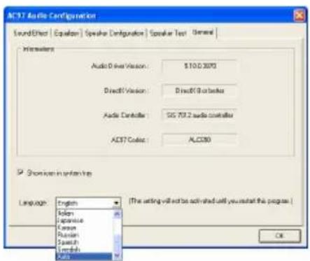 ACST Audio Configuration SoundEffect | Equation | Speaker Configuration | Speaker Test | General | Intermediers Audio D-line Version: $10.0.3075 Direct/Vision: Direct/9 or better Audio Controller: 5G 70.2 audio controller ACST Codec: ALC380 Show screen in settings like Language: English Solan Aperture Cassar Russian Speech Lambish Auto (The setting will not be activated until you start this program) OK