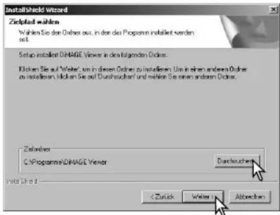InstallShield Wizard Zielplad wählen Wählen Sie den Ordnset aus, in den das Programm installiert werden soll. Setup installiert OrnPAGE Viewer in den folgenden Ordnset: Klicken Sie auf "Wefer", um in diesen Ordnset zu installieren. Um in einen anderen Ordnset zu installieren, Klicken Sie auf "Durchsuchen" und wähle Sie einen anderen Ordnset. Zielpladner CA/Programme/DIMAGE Viewer Durchsuchen Install Shield < Zürück Weiter > Abbrechen