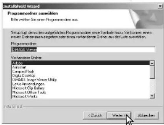 InstallShield Wizard Programmordner auswählen Bitte wohlen Sie einen Programmardner aus. Setup liegt den unten aufgeführtem Programmardner neue Symbole Inou. Sie können einen neuen Drittenamen eingeben oder einen vorhandenen Ordnet aus der Liste auswählen. Programmordner: DRMAGE Viewer Vorhandene Ordnet: Adobe Microsoft CompactFlash Digital Desktop DRMAGE Image Viewer Utility Lotus Annendungen Microsoft Clip Galaxy Microsoft Office Tools Microsoft Works