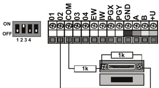 ON OFF 1 2 3 4 01 02 COM 03 04 EW IW PGX PGY GND A B +U 1k 1k