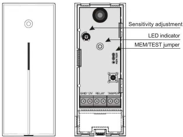 Sensitivity adjustment LED indicator MEM/TEST jumper GND 12V RELAY TAMPER