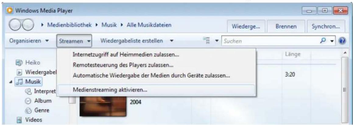 HAUPPAUGE MyMusic Wi-Fi - Klicken Sie auf „Streamen“ und wählen Sie „Medienstreaming aktivieren“: - 1