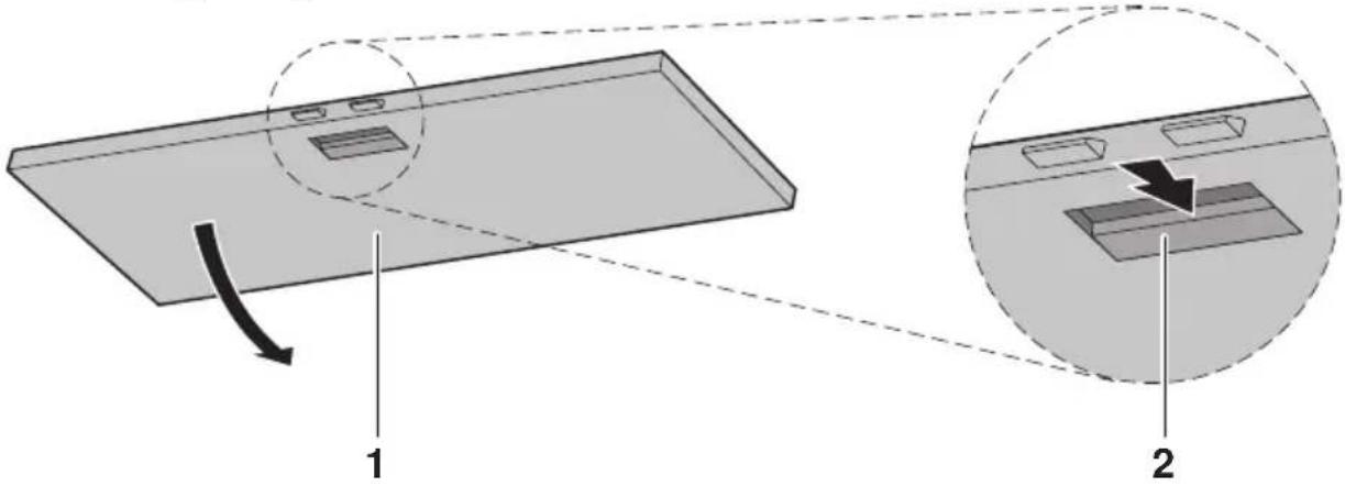 Diagram illustrating a device panel with labeled components and directional arrows indicating movement or assembly.