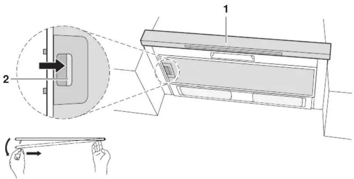 Technical diagram illustrating a door lock mechanism with labeled components and directional arrows indicating motion or assembly.