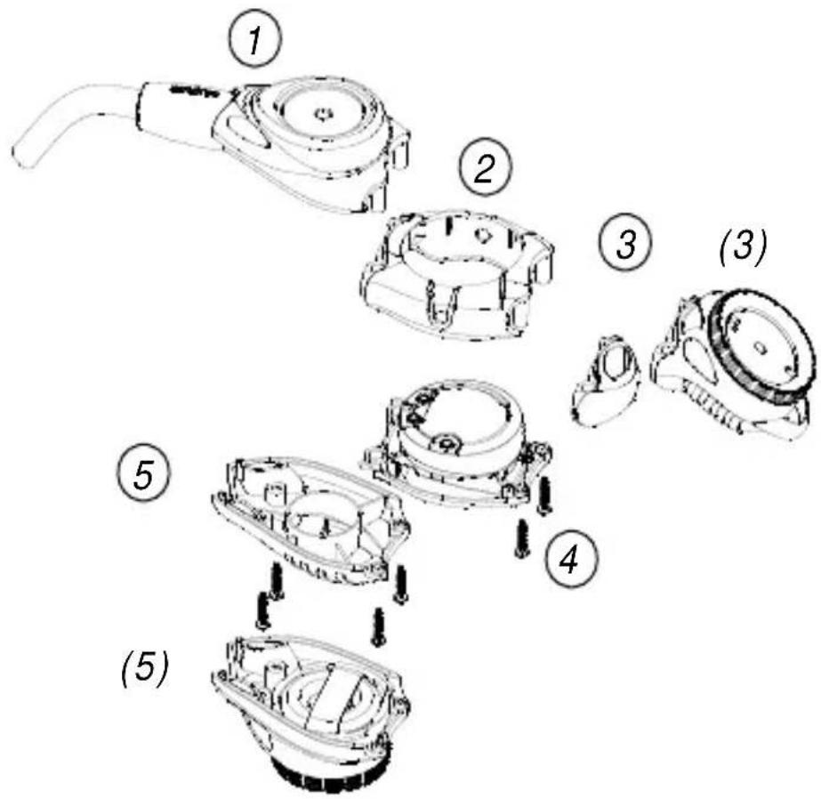 Exploded view diagram of a device with numbered parts, likely for assembly or maintenance instructions.
