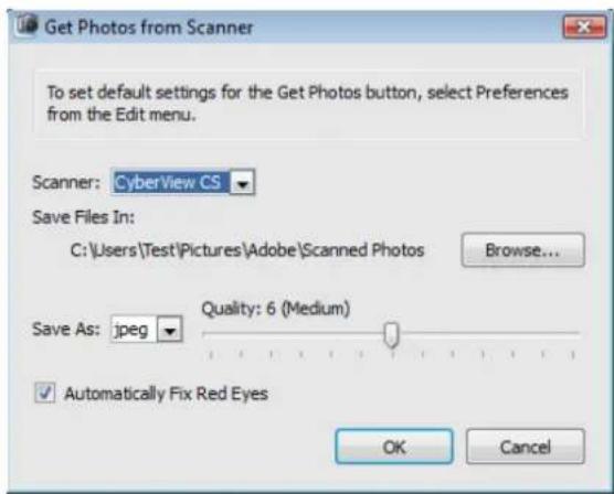 Get Photos from Scanner To set default settings for the Get Photos button, select Preferences from the Edit menu. Scanner: CyberView CS Save Files In: C:\Users\Test\Pictures\Adobe\Scanned Photos Browse... Save As: jpeg Quality: 6 (Medium) ✓ Automatically Fix Red Eyes OK Cancel