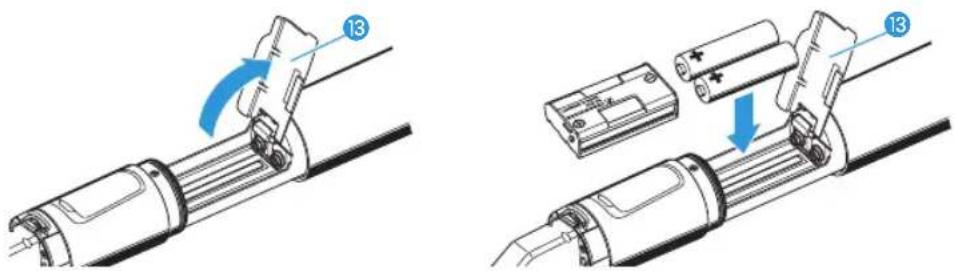 Technical diagram showing two mechanical assembly steps with labeled components and blue arrows indicating motion direction.