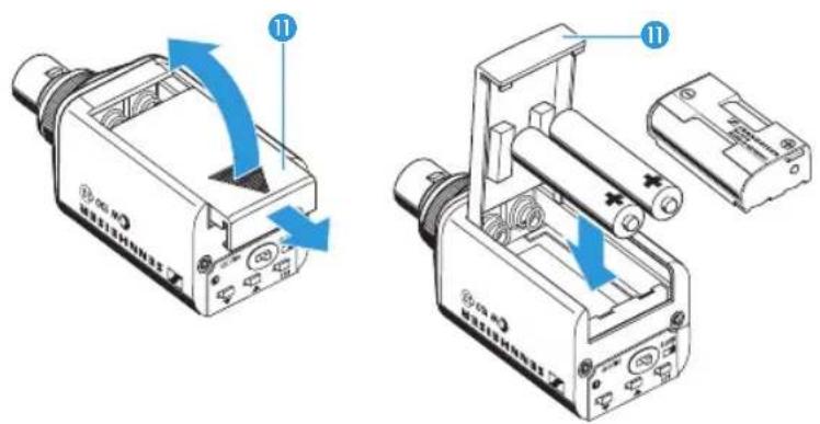 Technical diagram showing two views of an electronic device with labeled components and blue arrows indicating motion or flow.