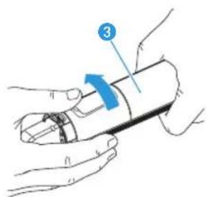 Diagram showing a hand holding a device with a blue arrow labeled '3' pointing to the device's position.