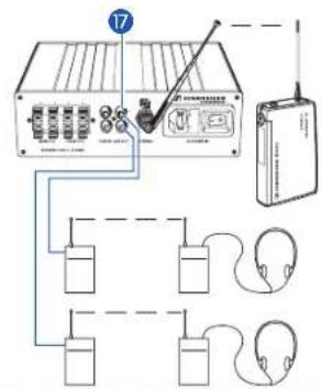 Diagram of an electronic device setup with labeled components including a switch, battery pack, and earphones connected to a radio.