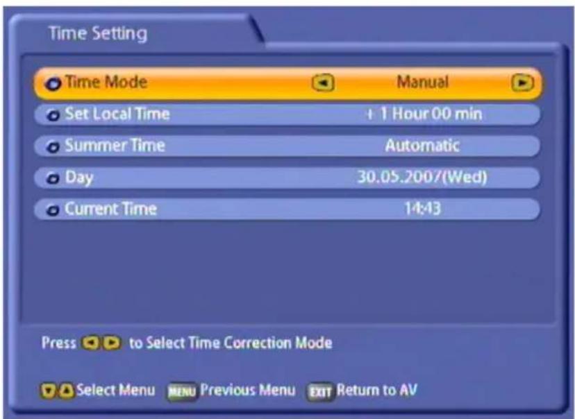 Time Setting Time Mode Manual Set Local Time + 1 Hour 00 min Summer Time Automatic Day 30.05.200/(Wed) Current Time 14:43 Press to Select Time Correction Mode Select Menu MENU Previous Menu EXIT Return to AV