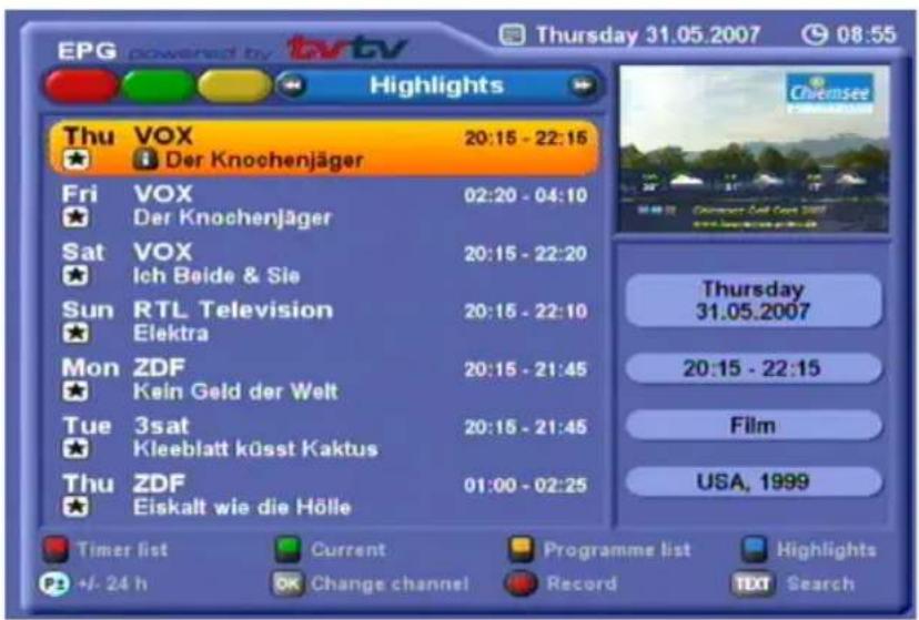 EPG powered by tv tv Thursday 31.05.2007 08:55 Highlights Thu VOX 20:15 - 22:15 ★ Der Knochenjäger Fri VOX 02:20 - 04:10 ★ Der Knochenjäger Sat VOX 20:15 - 22:20 ★ Ich Beide & Sie Sun RTL Television 20:15 - 22:10 ★ Elektra Mon ZDF 20:15 - 21:45 ★ Kein Geld der Welt Tue 3sat 20:15 - 21:45 ★ Kleeblatt…