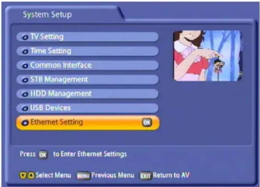 System Setup TV Setting Time Setting Common Interface STB Management IIDD Management USB Devices Ethernet Setting OK Press OK to Enter Ethernet Settings Select Menu MENU Previous Menu EXIT Return to AV
