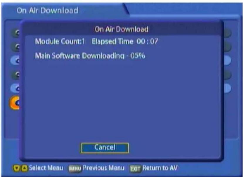 On Air Download Module Count:1 Elapsed Time 00 : 07 Main Software Downloading - 05% Cancel Select Menu MENU Previous Manu EXIT Return to AV