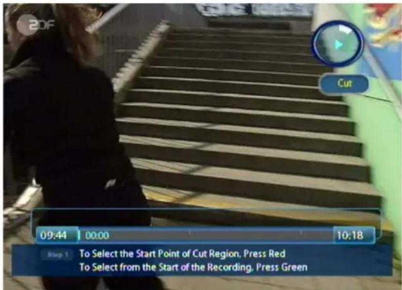 20F Cut 09:44 00:00 10:18 Step 1 To Select the Start Point of Cut Region, Press Red To Select from the Start of the Recording, Press Green
