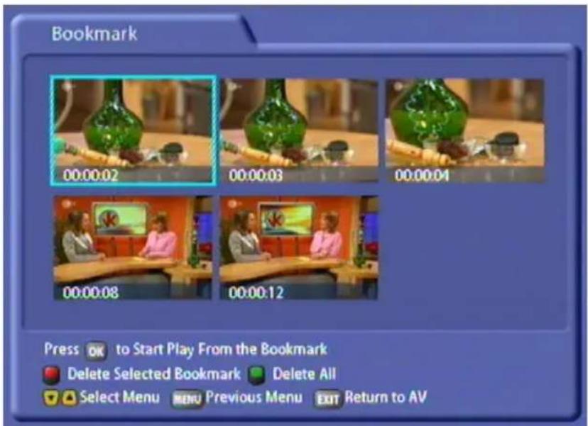 Bookmark 00:00:02 00:00:03 00:00:04 00:00:08 00:00:12 Press OK to Start Play From the Bookmark Delete Selected Bookmark Delete All Select Menu MENU Previous Menu EXIT Return to AV