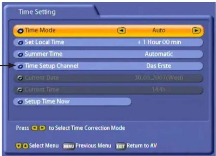Time Setting Time Mode Auto Set Local Time + 1 Hour 00 min Summer Time Automatic Time Setup Channel Das Erste Current Date 30.05.2007(Wed) Current Time 14:45 Setup Time Now Press to Select Time Correction Mode Select Menu MENU Previous Menu EXIT Return to AV