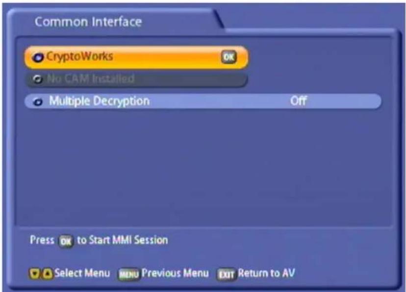 Common Interface CryptoWorks No CAM Installed Multiple Decryption Off Press OK to Start MMI Session Select Menu MENU Previous Menu EXIT Return to AV