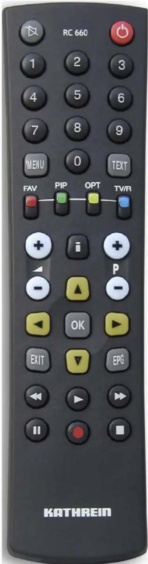 RC 660 1 2 3 4 5 6 7 8 9 MENU 0 TEXT FAV PIP OPT TV/R + i + - ▲ ▲ - OK ▼ EXIT EPG II ● KATHREIN