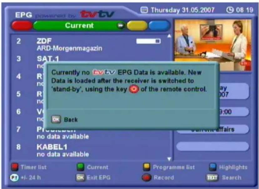 EPG powered by tv tv Current 2 ZDF ARD-Morgenmagazin 3 SAT.1 no data available 4 R no data available 5 R no data available 6 V no data available 7 PRODUCEN no data available 8 KABEL1 no data available Currently no tv tv EPG Data is available. New Data is loaded after the receiver is switched to 'sta…