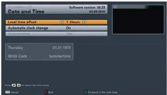 Date and Time Software version: V0.23 02.03.2010 Local time offset 1 Hours Automatic clock change On Sommertime Yes. Thursday 01.01.1970 00:03 Clock Summertims Press to select the time zone OK Cancel Back Forward to the next step