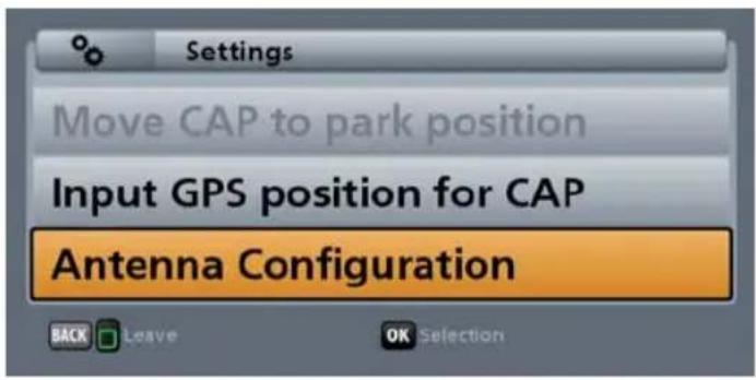 Settings Move CAP to park position Input GPS position for CAP Antenna Configuration BACK Leave OK Selection