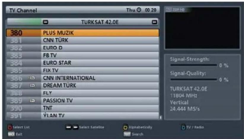 TV Channel Thu 00 20 TURKSAT 42.0E 380 PLUS MUZIK 381 CNN TÜRK 382 EURO D 383 FB TV 384 EURO STAR 385 FIX TV 386 CNN INTERNATIONAL 387 DREAM TÜRK 388 FLY 389 PASSION TV 390 TNT 391 YLAN TV Signal-Strength: 0 % Signal-Quality: 0 % TURKSAT 42.0E 11804 MHz Vertical 24.444 MS/s Select List Select Satell…