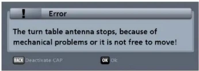 Error The turn table antenna stops, because of mechanical problems or it is not free to move! BACK Deactivate CAP OK Ok
