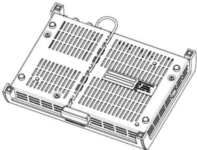 Technical line drawing of a mechanical housing or enclosure with ventilation grilles and mounting points (no text or symbols)