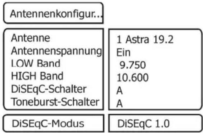Antennenkonfigur.. Antenne Antennenspannung LOW Band HIGH Band DiSEqC-Schalter Toneburst-Schalter 1 Astra 19.2 Ein 9.750 10.600 A A DiSEqC-Modus DiSEqC 1.0
