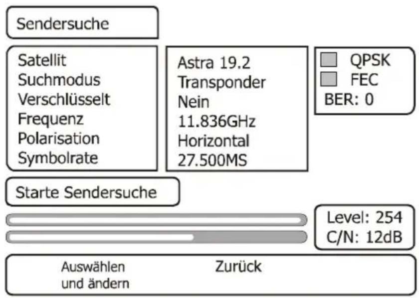Sendersuche Satellit Suchmodus Verschlüsselt Frequenz Polarisation Symbolrate Astra 19.2 Transponder Nein 11.836GHz Horizontal 27.500MS QPSK FEC BER: 0 Starte Sendersuche Level: 254 C/N: 12dB Auswählen und ändern Zurück