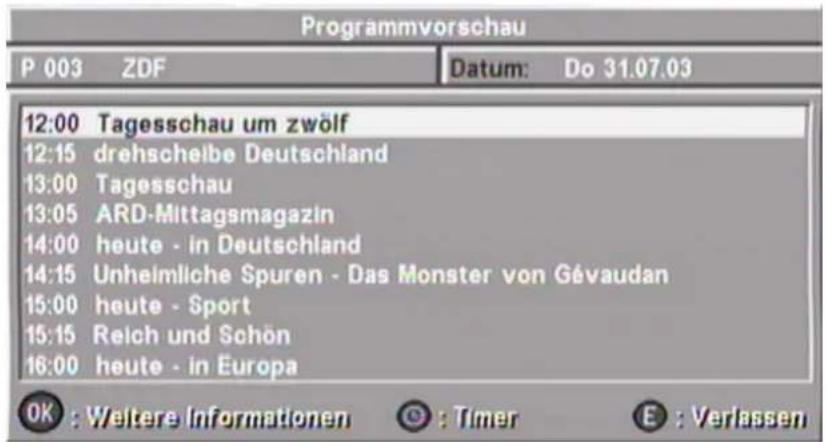 Programmvorschau P 003 ZDF Datum: Do 31.07.03 12:00 Tagesschau um zwölf 12:15 drehscheibe Deutschland 13:00 Tagesschau 13:05 ARD-Mittagsmagazin 14:00 heute - in Deutschland 14:15 Unheimliche Spuren - Das Monster von Gévaudan 15:00 heute - Sport 15:15 Reich und Schön 16:00 heute - in Europa OK : Weit…
