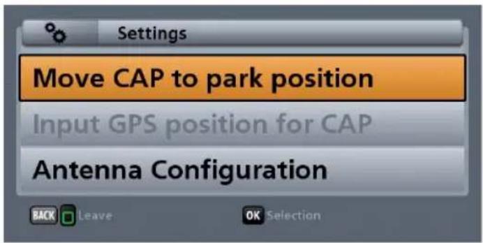 Settings Move CAP to park position Input GPS position for CAP Antenna Configuration BACK Leave OK Selection