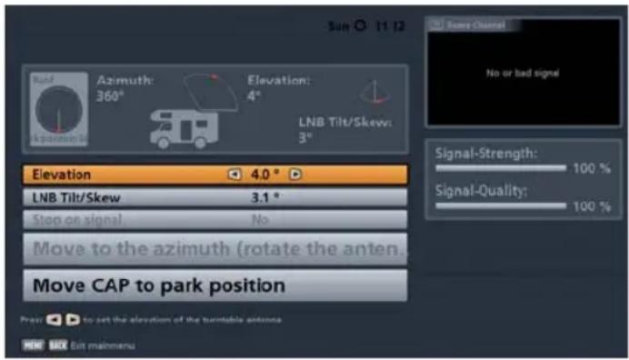 Sun 11:12 No? Some Channel Azimuth: 360° Elevation: 4° LNB Tilt/Skew: 3° Elevation 4.0° LNB Tilt/Skew 3.1° Stop on signal. No Move to the azimuth (rotate the anten... Move CAP to park position Press to set the elevation of the turntable antenna SME UI Exit mainmenu